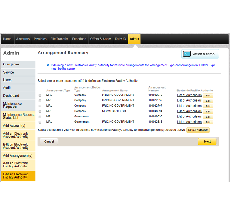 The arrangement summary page which shows all arrangements you've added.