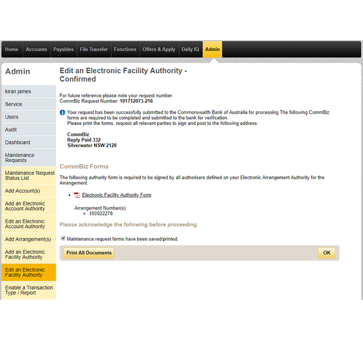 Confirmation page for the request to edit an electronic facility authority.