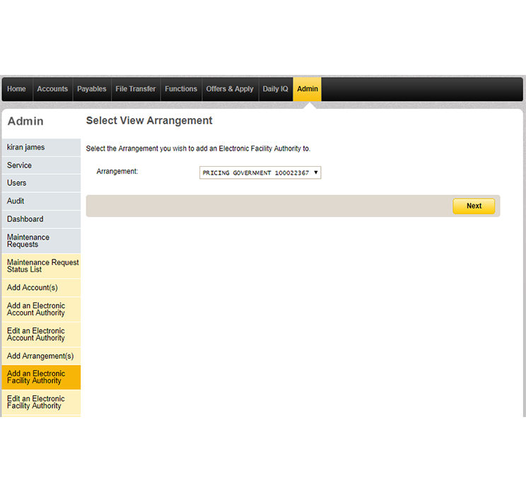 The select view arrangement page to give authority to chosen arrangements.