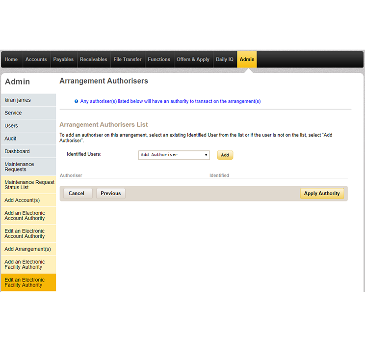 The arrangement authorisers page which summarises users you have chosen to authorise transactions.