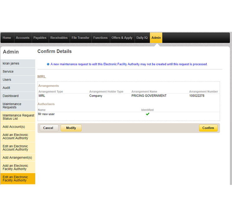 The arrangement authorisers page which summarises users you have chosen to authorise transactions.