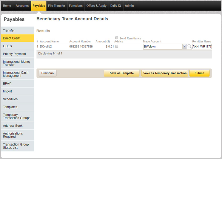 Beneficiary trace account details page in CommBiz that you can save as a template.
