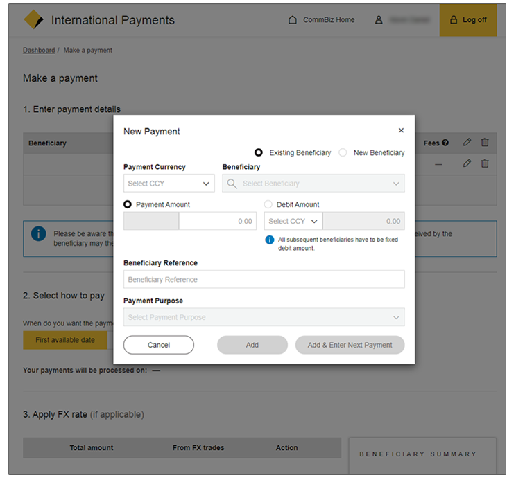 New payment screen
