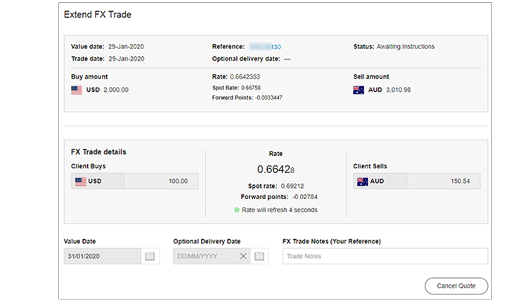 CommBiz Extend Trades screen