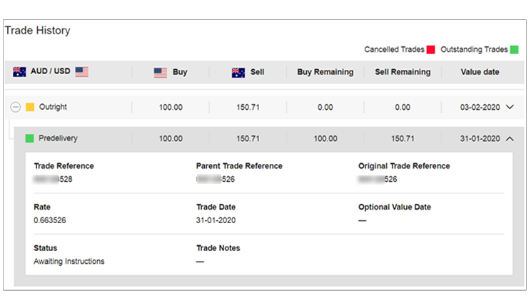 CommBiz View Trade history screen