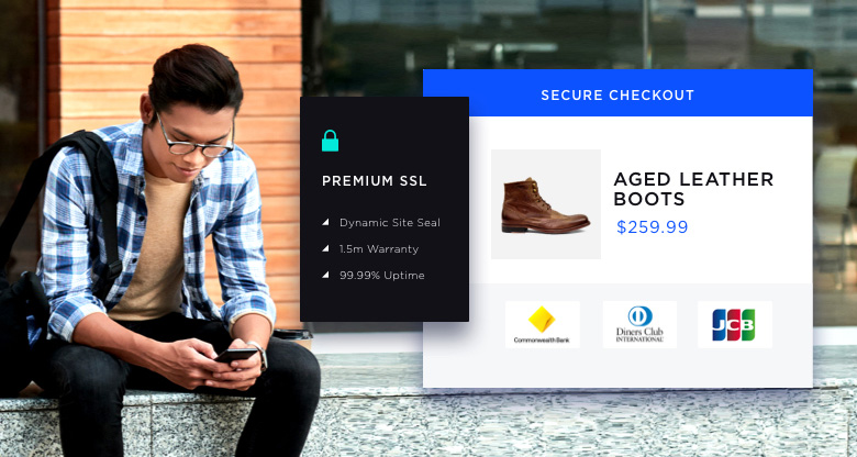 Secure checkout on Big Commerce Site, with CommBank, Diners Club and JCB logos. 