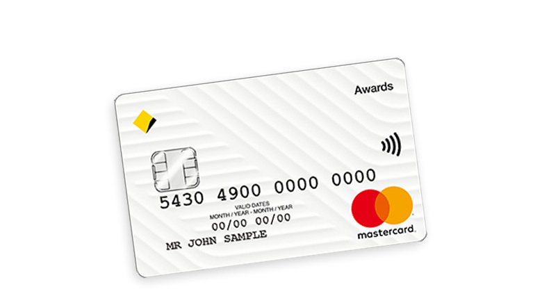 The Awards credit card is a light grey credit card with the Mastercard logo in bottom right and CommBank logo in top left.