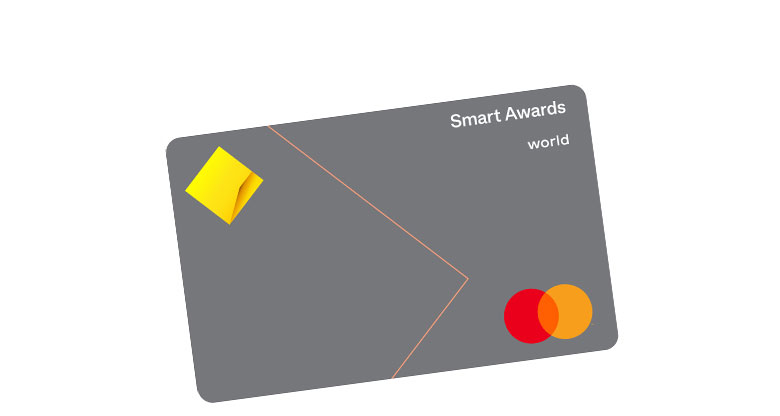 The Smart Awards credit card is a solid medium grey credit card with the Mastercard logo in bottom right and CommBank logo in the top left.