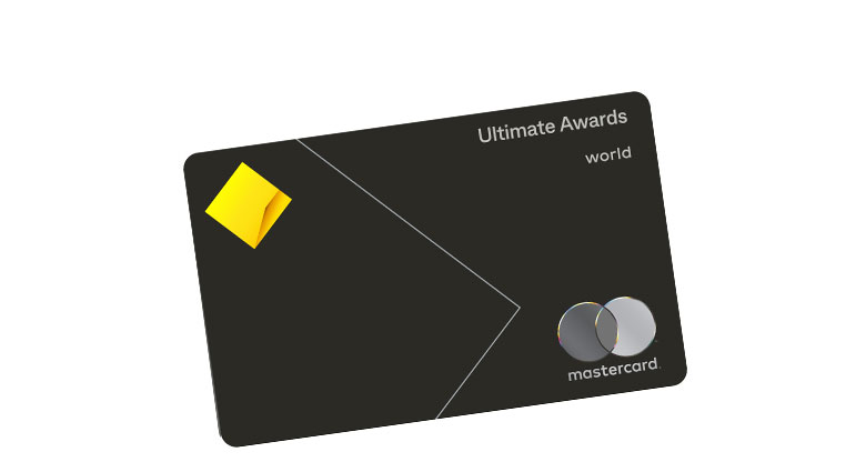 The Ultimate Awards credit card is a black credit card with the Mastercard logo in the bottom right and CommBank logo in the top left.
