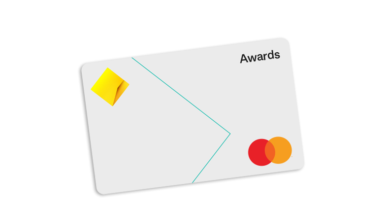Front view of an Awards credit card with visible CommBank and Mastercard logos