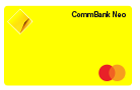 Horizontal front view of a CommBank Neo card with visible CommBank and Mastercard logos