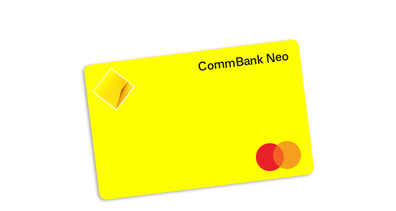Front view of a CommBank Neo card with visible CommBank and Mastercard logos