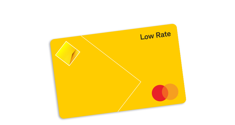 Front view of a Low Rate credit card with visible CommBank and Mastercard logos