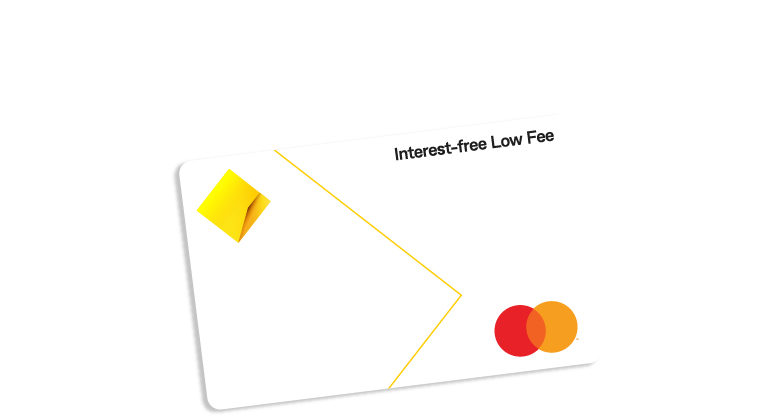 Front view of an Interest-free Low Fee credit card  with visible CommBank and Mastercard logos