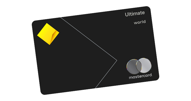 Front view of an Ultimate Awards credit card with visible CommBank and Mastercard logos