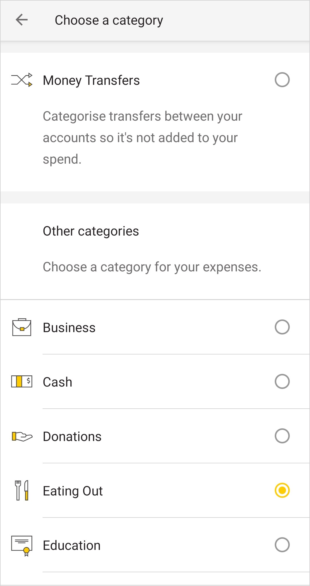 App screen: choosing a category