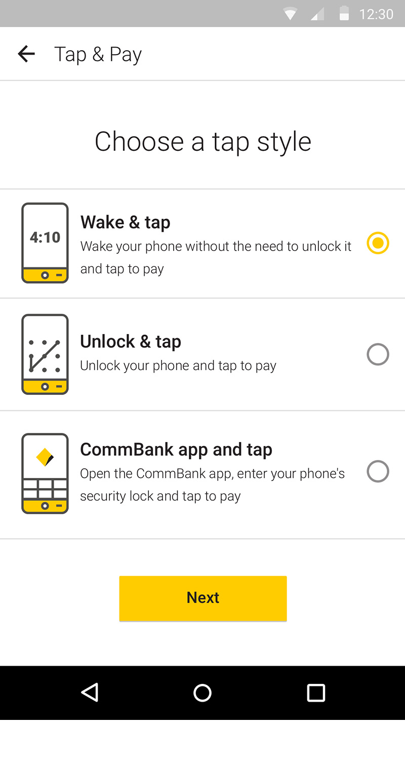 CommBank app Tap & Pay - Choose how to pay (Wake & tap is selected)