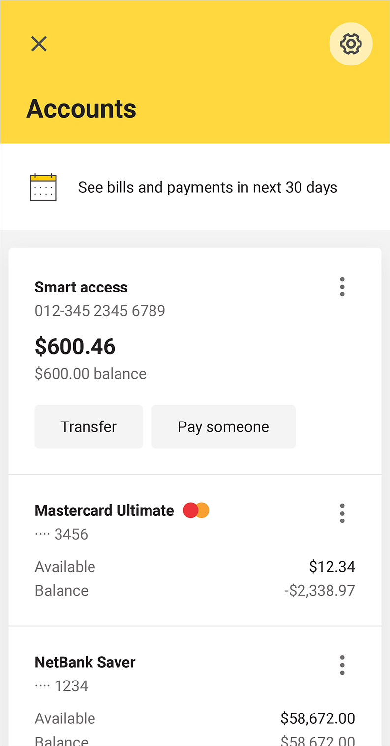 View of account screen displaying the balance and available funds for each account 