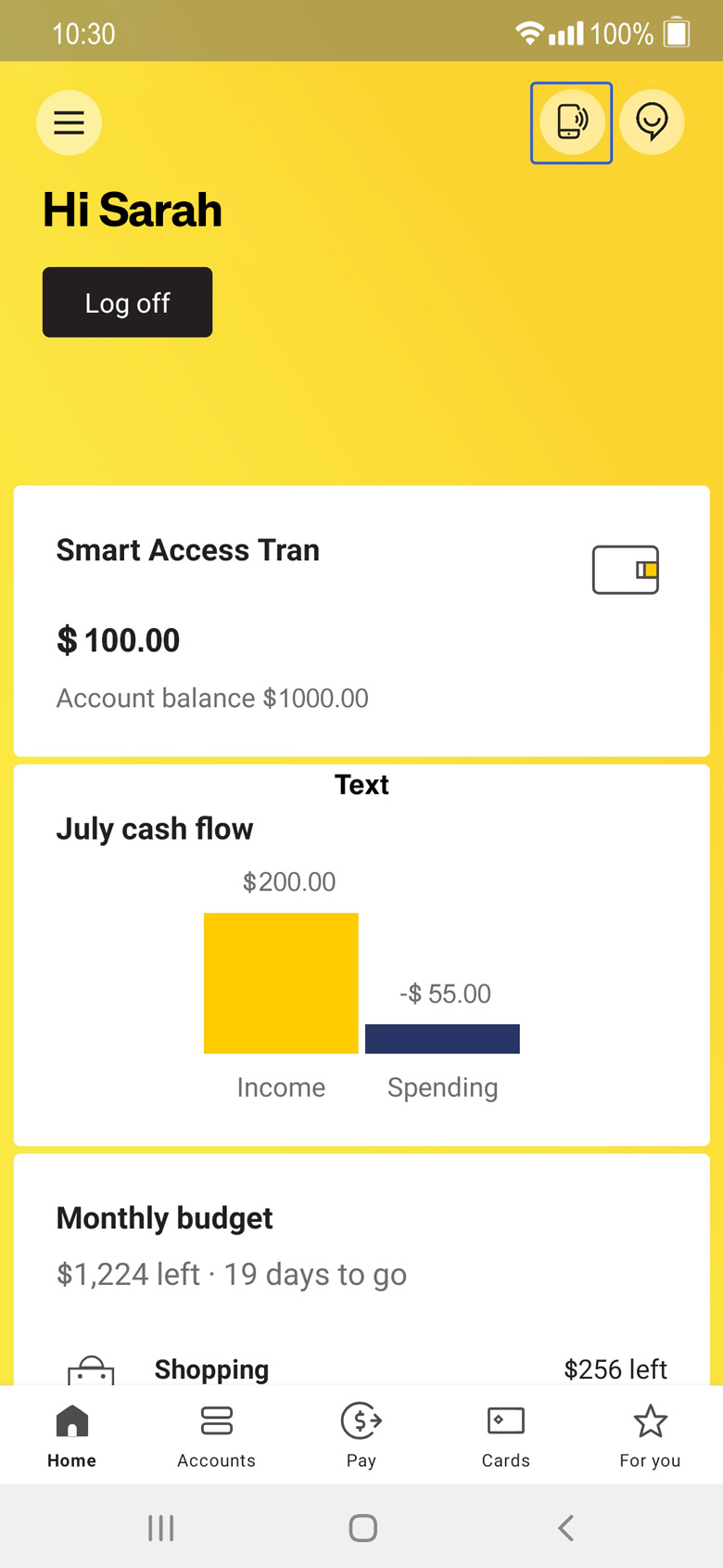CommBank app home screen, showing the tap icon at the top right