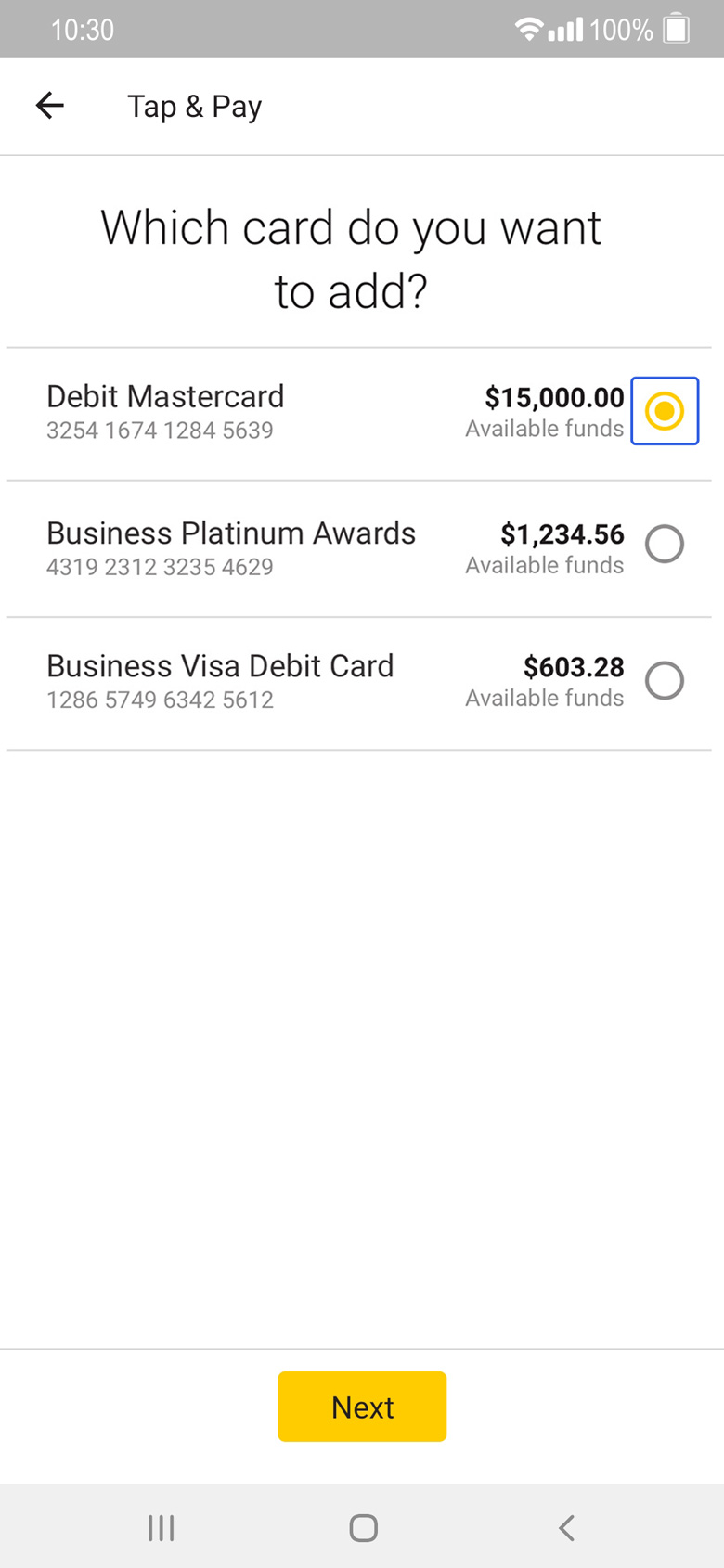 App screen, showing your eligible cards