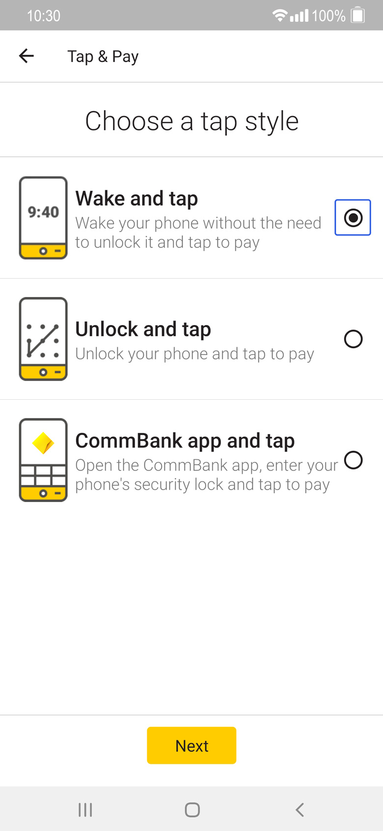 CommBank app 'Choose a tap style' screen