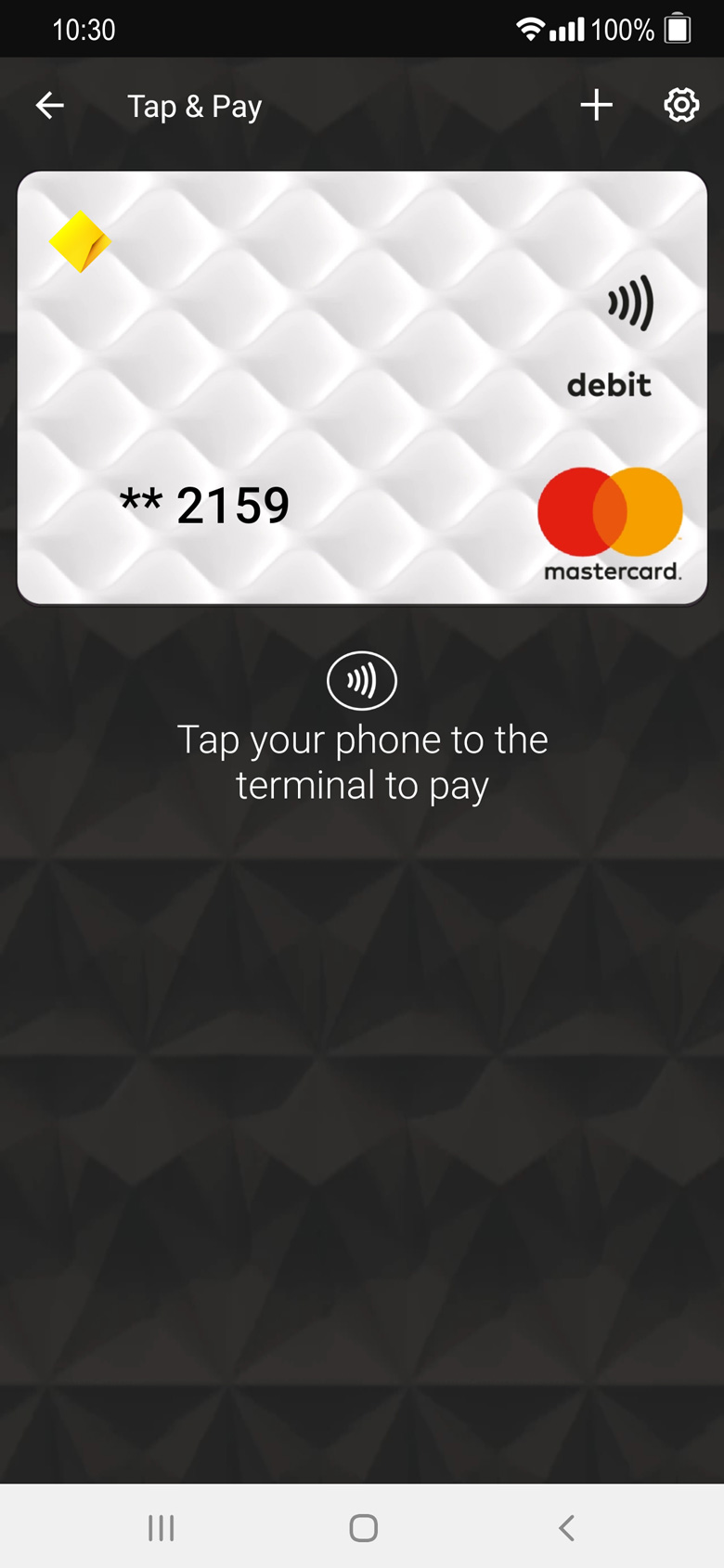 CommBank app showing selected Tap & Pay card