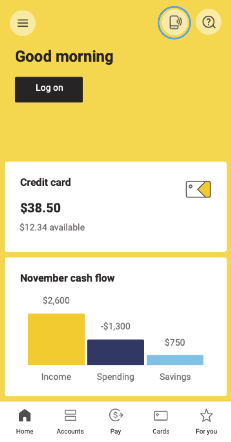 CommBank app home screen Tap & Pay button - top right