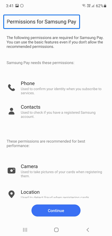 Samsung Pay Permissions settings screen