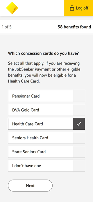 Screen showing the question: Which concession cards do you have?