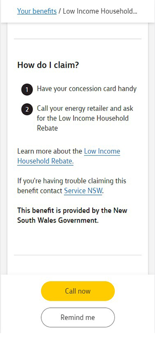 Screen showing how to claim the benefit