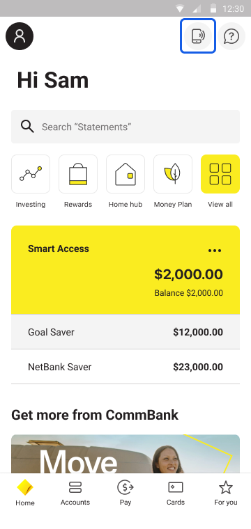 CommBank app home screen, showing the tap icon at the top right