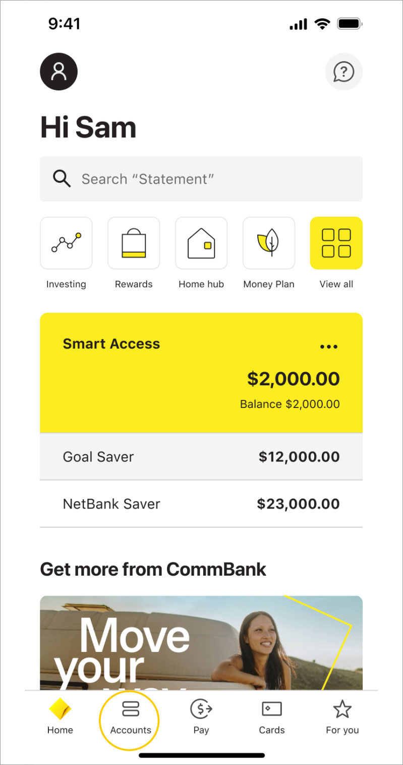 CommBank app home screen showing ‘Accounts’
