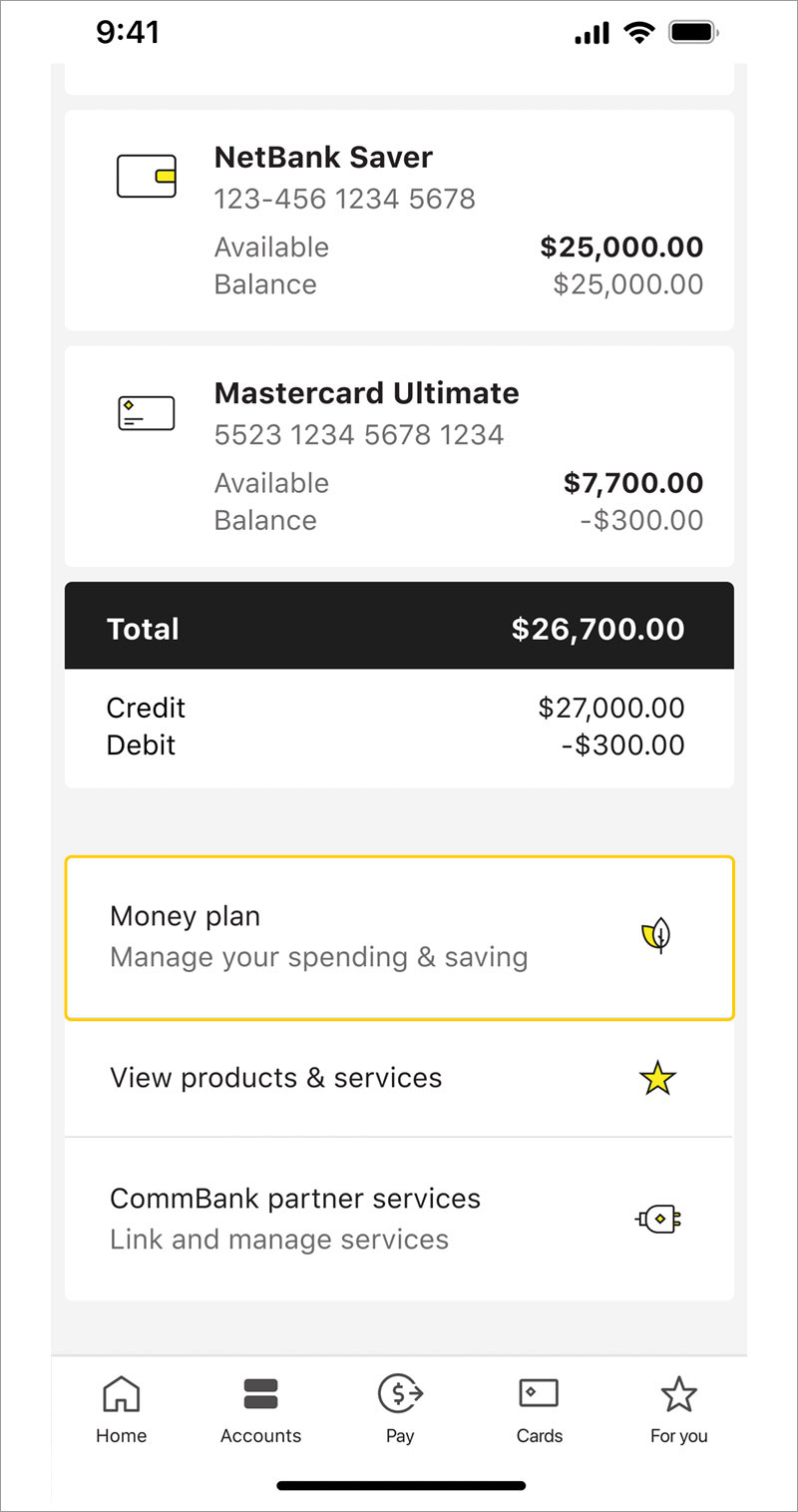 ‘Money plan’ in the ‘Accounts’ screen