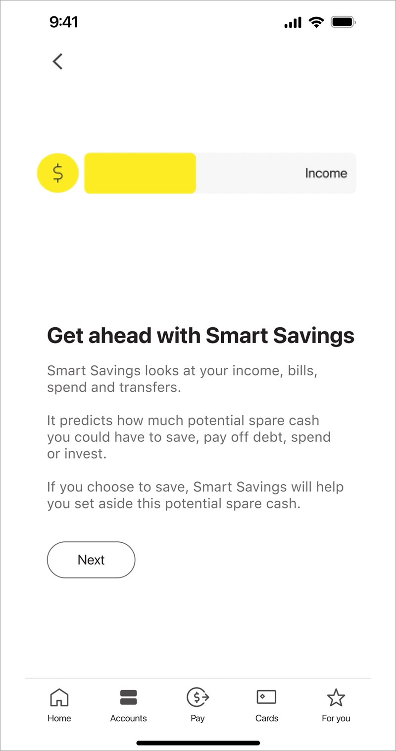 ‘Get ahead with Smart Savings’ screen