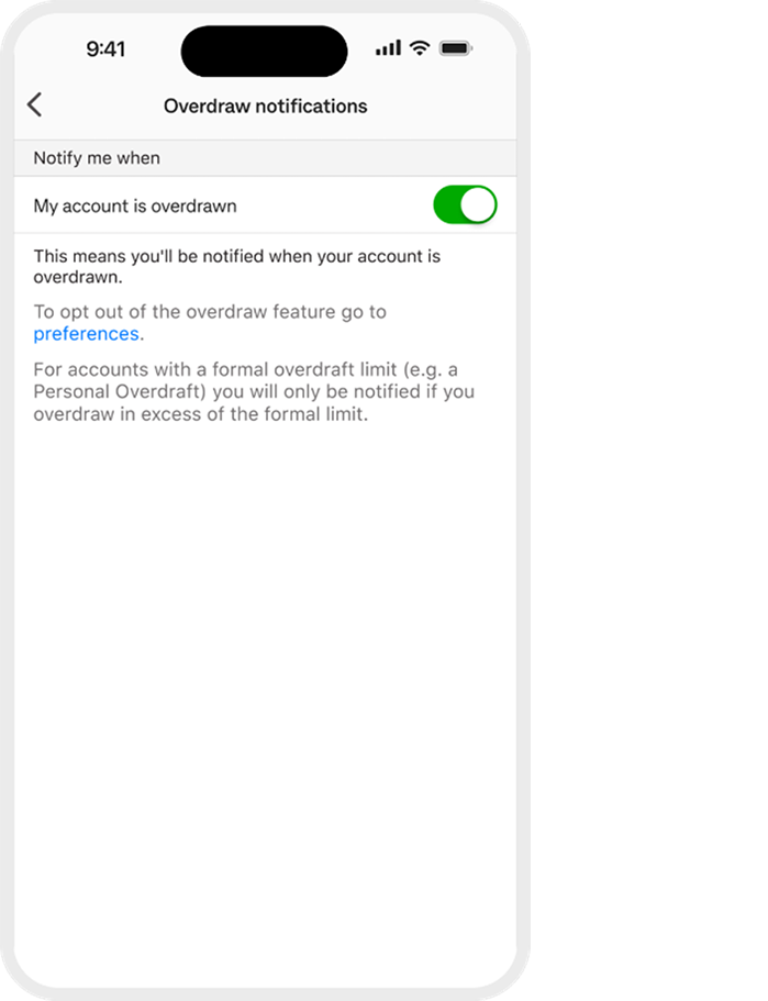 App screen showing the 'Overdrawn notifications' menu item, where the 'My account is overdrawn' toggle has been enabled
