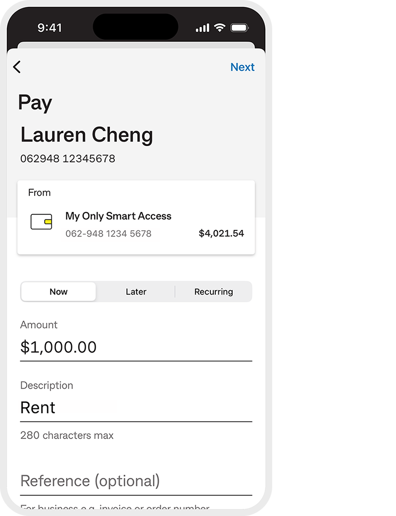 Transfer to Lauren Cheng $1000 for ‘rent’