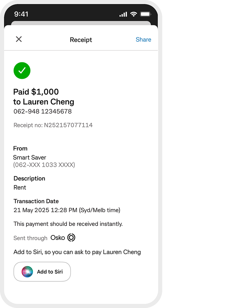 Receipt for payment to Lauren Cheng $1000 for ‘rent’, with button ‘add to Siri’