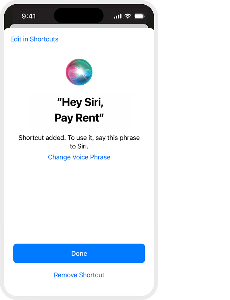Confirmation of Apple Shortcuts phrase ‘Hey Siri, pay rent’