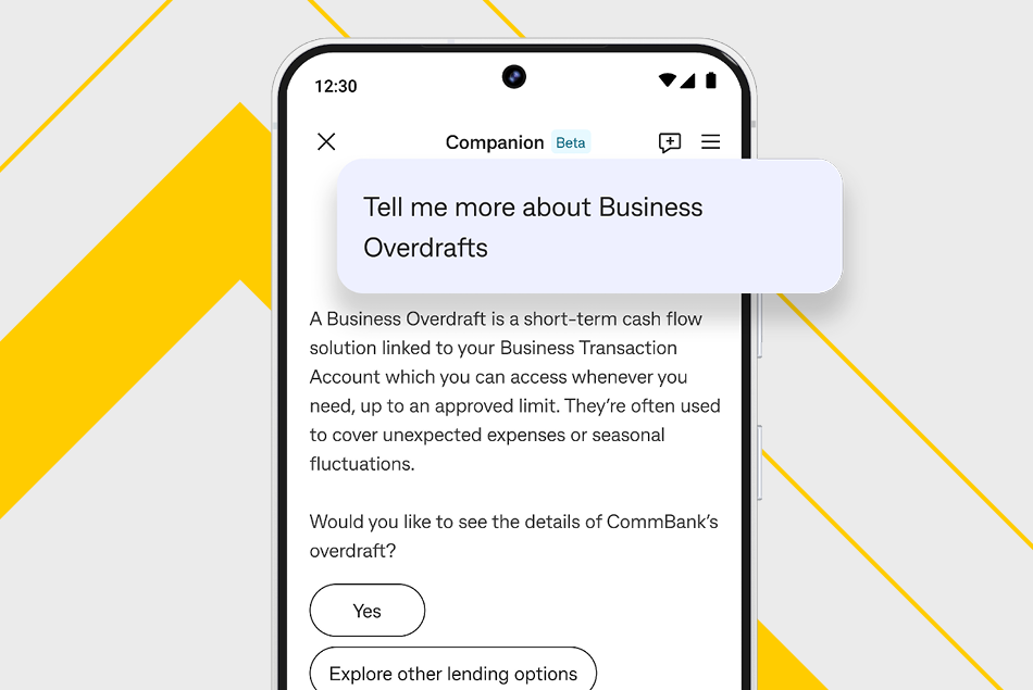 CommBank Companion screen, showing product information for Business Overdrafts