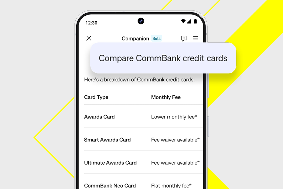 CommBank Companion screen, showing product information