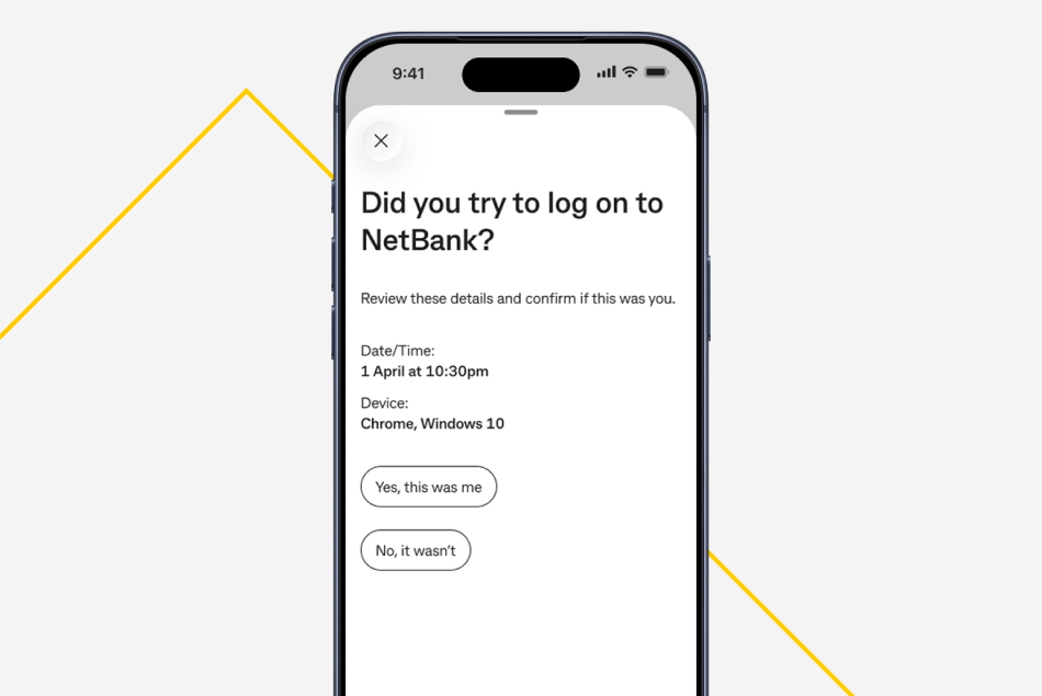 CommBank App authentication check screen: "Did you try to log on to NetBank?"