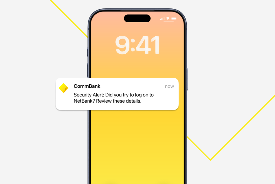 CommBank App alert example: "Security Alert: Did you try to log on to NetBank? Review these details. 