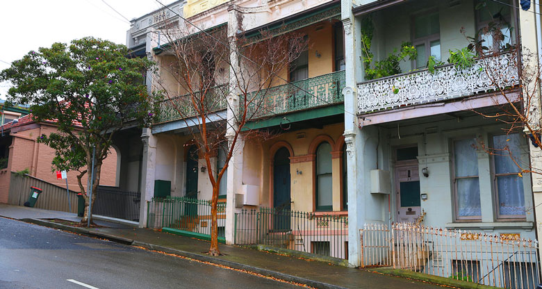 Terrace houses on sloping street