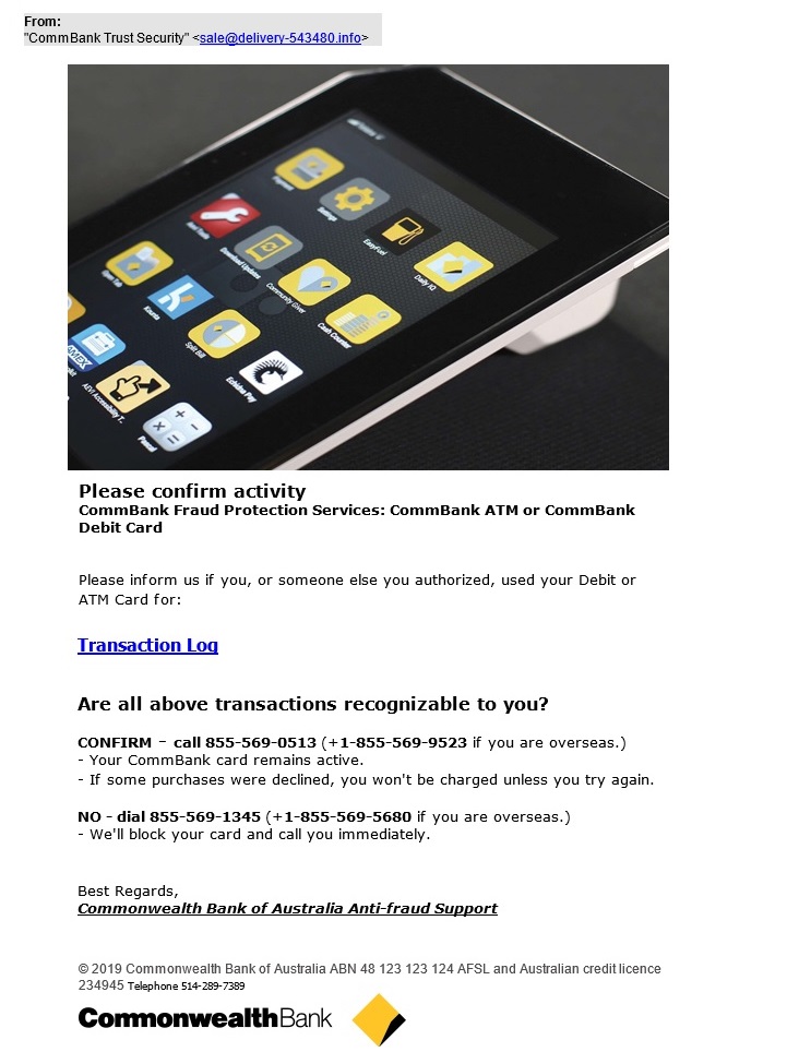 Screenshot of Activity confirmation hoax email