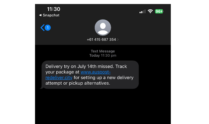 screenshot from postal delivery service SMS scams