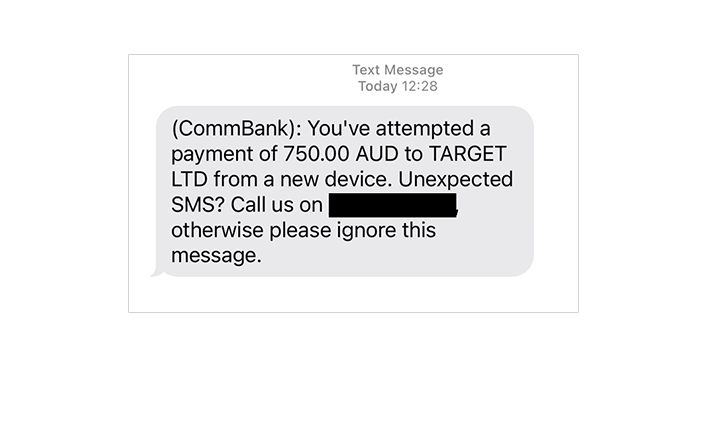 scam: "You've attempted a payment of 750.00 to Target LTD from a new device."