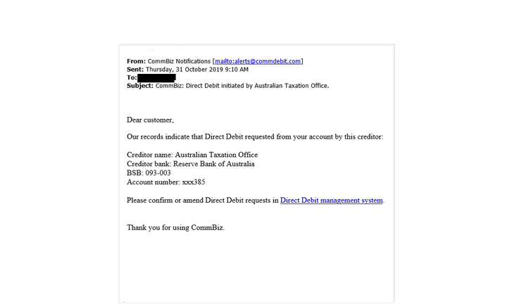 Screenshot of CommBiz phishing email