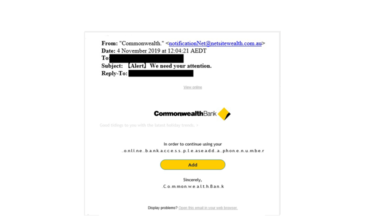 Screenshot of CommBank phishing email 051119