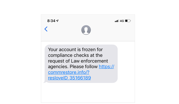 Screenshot of CommBank phishing SMS 181119