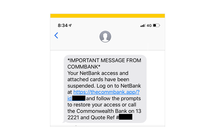 Screenshot of the CommBank smishing text message - 051119